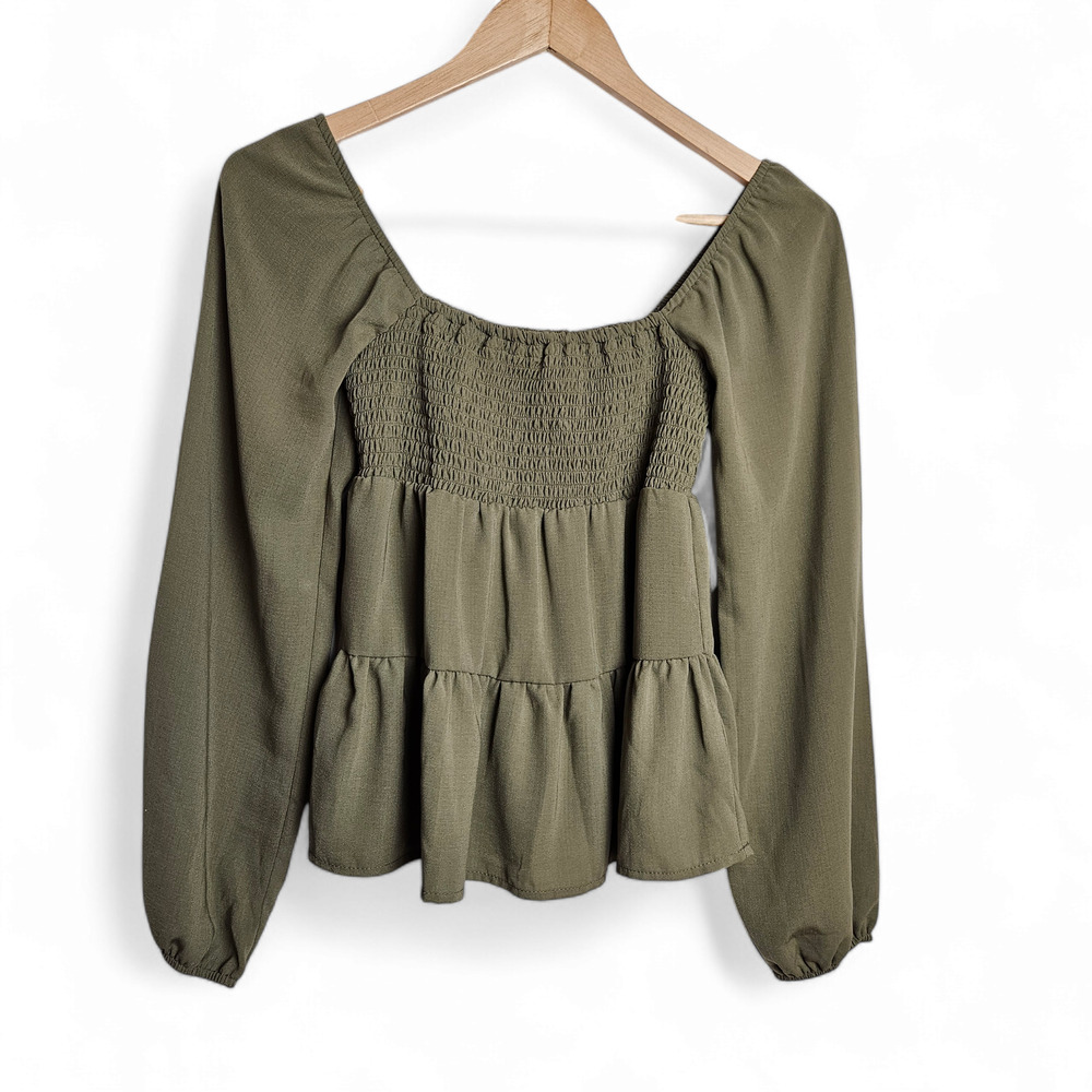 Lyn Burches Women's Olive Green Smocked Tiered Peplum Long Sleeve Y2K Top Sz XS